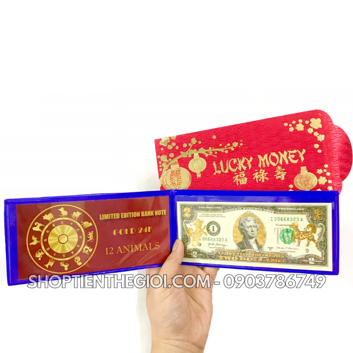 Tiền 2 USD in hình Con Chó 3D nhũ vàng 